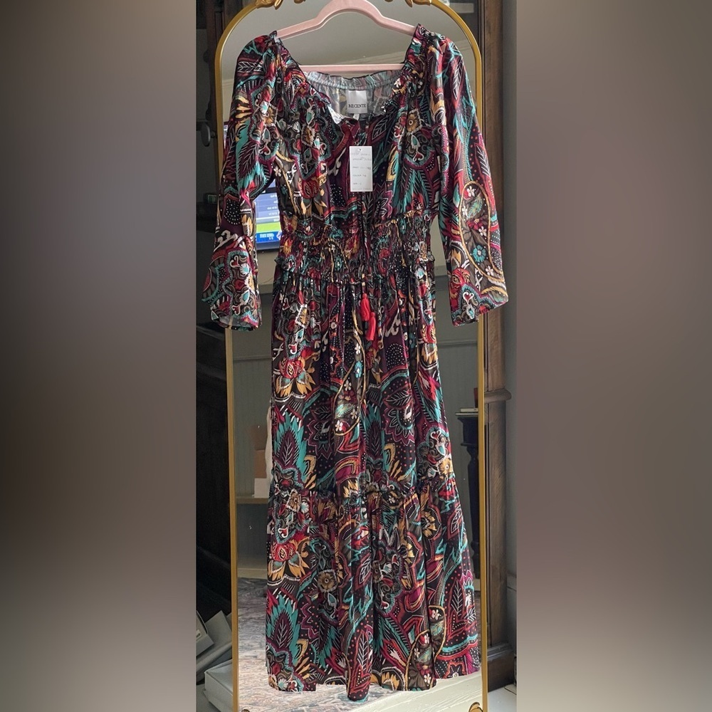 NWT Recente Sample Black and Jewel Tone Print Boho with Tassels Small